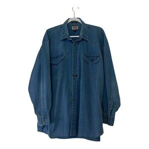 Lucchese Vintage Distressed Blue Denim Long Sleeve Snap Button Mens XL Shirt